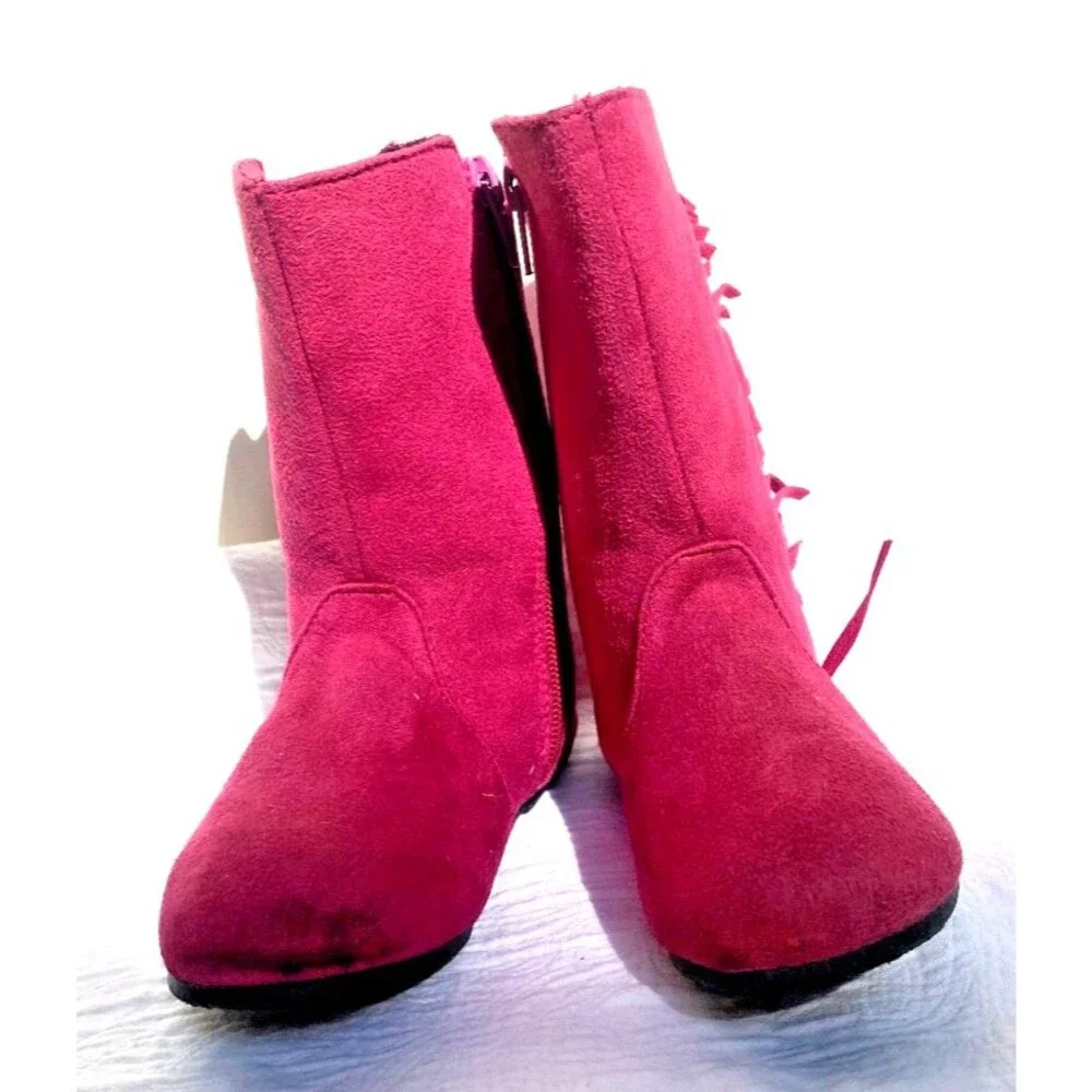 Toddler Girl's Hot Pink Fringe Boots Soft Suede Flat Zipper Pull-On -Size 7/8 T